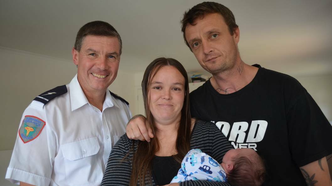 Amublance Tasmania communications officer Mark West with baby David Evans and parents Deanne Fraser and Tim Evans, of New Norfolk. Picture: GEORGIE BURGESS