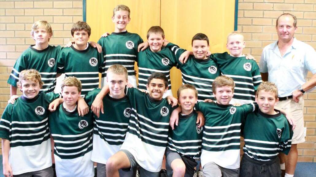U13S FOOTY: Narooma High School U13 Rugby League team back from left Kaleb Moritz, Liam Sweeney, Liam Russel, Brad O’Sullivan, Cooper Paulic and Ammon Beard.  Front Cade McGrath, Connor Breust, Blake Zideluns, Marcus Lonsdale-Patton, Reid Battye, Shannon Miller, Will Middleness and manager Mr Zideluns.