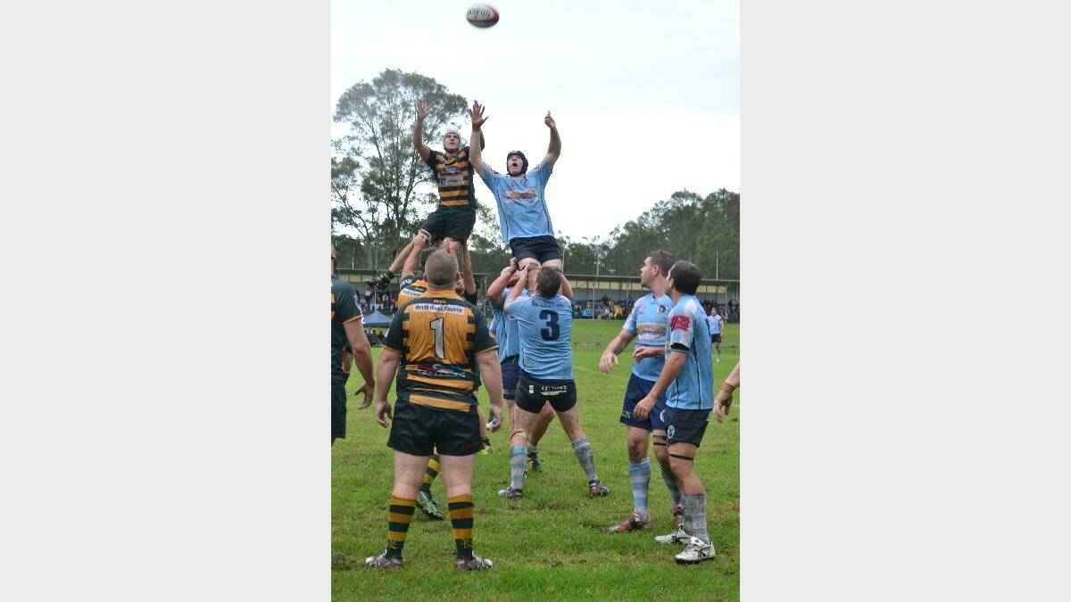 NOWRA: Shoalhaven and Vikings fight for possession in a line out on Saturday at Rugby Park.