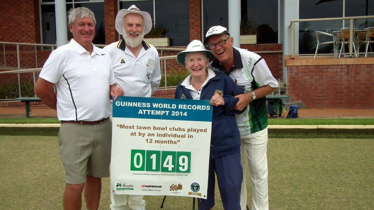 BERMAGUI: Frank Peniguel has been travelling up the east coast attempting to get his name into the Guinness Book Of Records by playing 600 singles games of 10 ends, at 600 bowls clubs in 12 months. He played his 149th game at Bermagui last week with Gerry Hammerton, watched by witnesses Paul Rumble, Margaret Duncan and Lori Hammerton