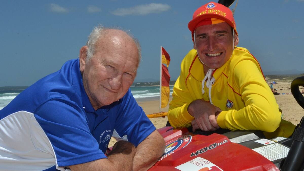 SUSSEX INLET: A legend of South Coast surf 

lifesaving Reg Wood of Sussex Inlet has hung up his 

togs after devoting 70 years to the movement. He is 

pictured here  with his grandson Brad Wheeler. 