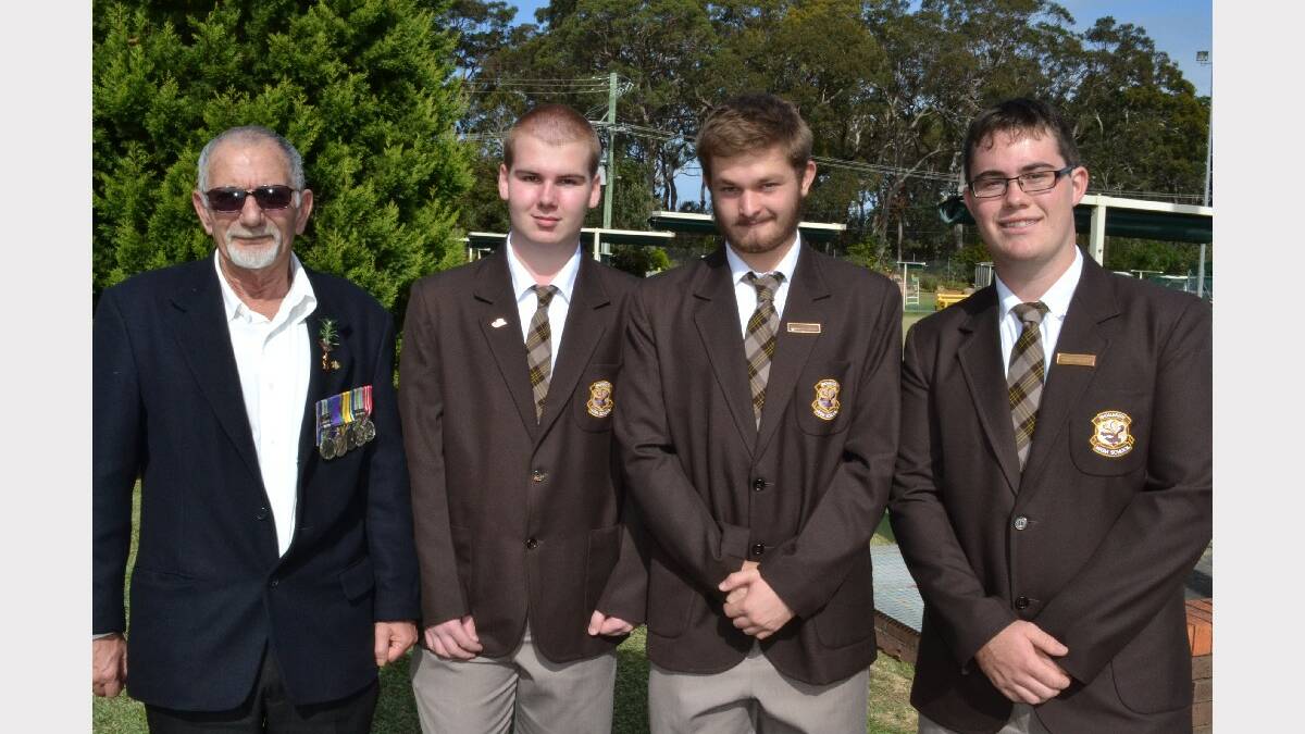 Les Colless with Shoalhaven High School students Brett Thomas, Hayden Rodda and Matthew Rogers at the Callala Beach Anzac Day service.