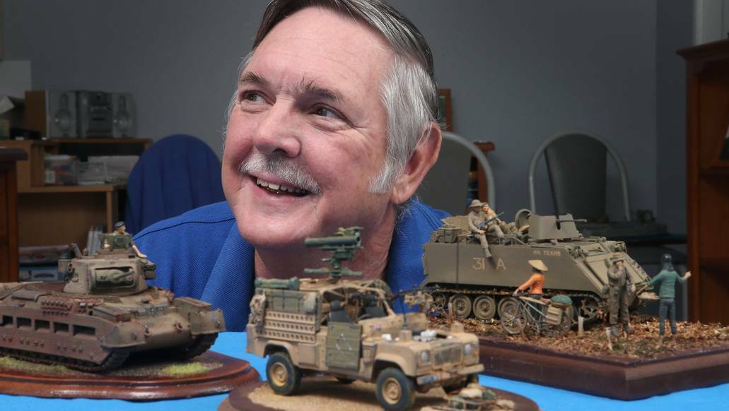 Illawarra Plastic Modellers Association president Patrick Brady with some of the models which will feature at the NSW Scale Model Competition andExpo in Berkeley on May 2-3. Picture: KIRK GILMOUR