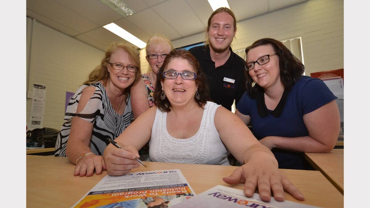 TEAM WORK: Sureway Employment & Training business development leader Juliana Skeels, Cara’s mother Joy Vaughan, Sureway case managers Dylan Boag and Sharon Lee with job seeker Cara Cooper invite local businesses to think beyond the mainstream. 