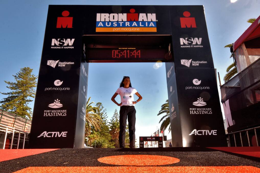 Turia Pitt transitions from the swim to the bike during the ironman triathlon in Port Macquarie. Photo: Peter Gleeson