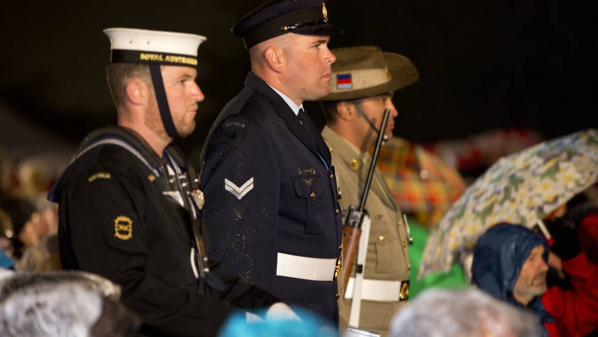 PRIDE: Former Sussex man and RAAF corporal, Russell Libbis (centre) commands the catafalque party commander at the Villers-Bretonneux Anzac Day ceremony.  Photo: MATTHEW BICKERTON