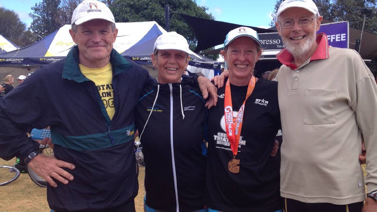 HAPPY TRIATHLETES: Jervis Bay Triathlon Club members Ken Price, Mandy Meredith, Annette Sampson and Marcus Vowels at last weekend’s Australian Sprint Distance Championships. 