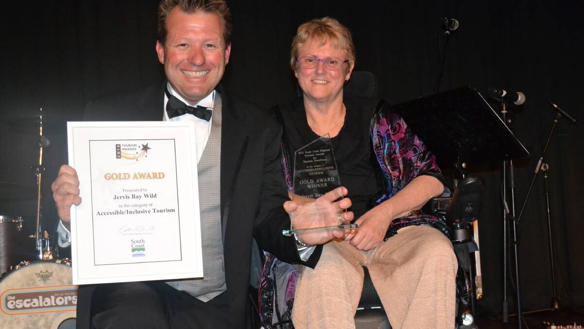 INCLUSION: Sam Tooley from Jervis Bay Wild was presented with the gold Accessible Tourism Award by Jackie Kay from It’s Heaven Inclusive Tourism.  Photo: KATRINA CONDIE