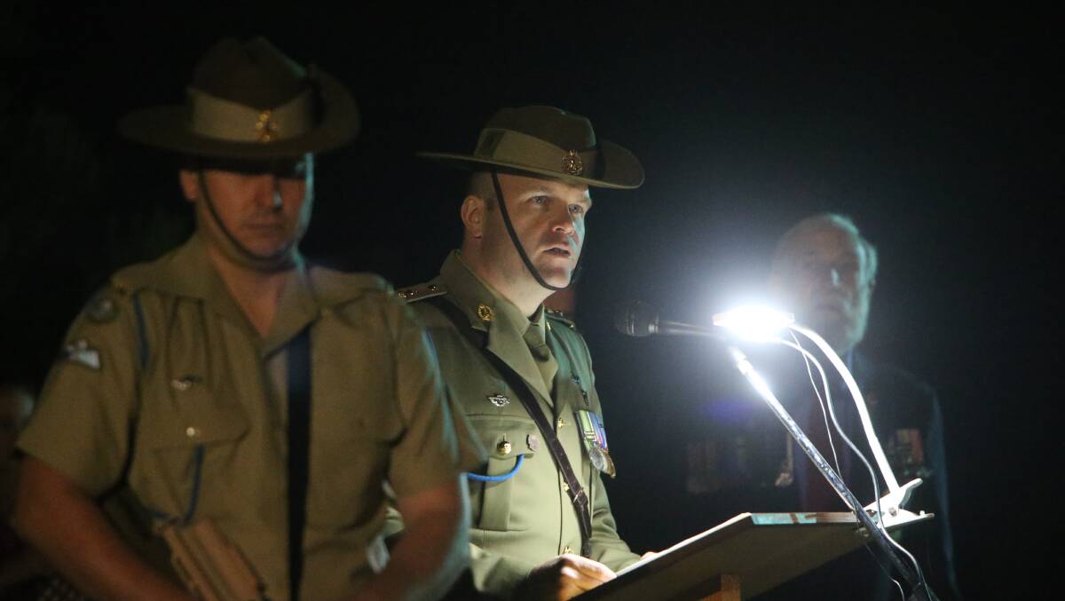 LEGACY HONOURED: Commanding officer of the Army Parachute Training School at Nowra Hill Lieutenant Colonel Robert Calhoun gives the keynote address at the Greenwell Point dawn service.