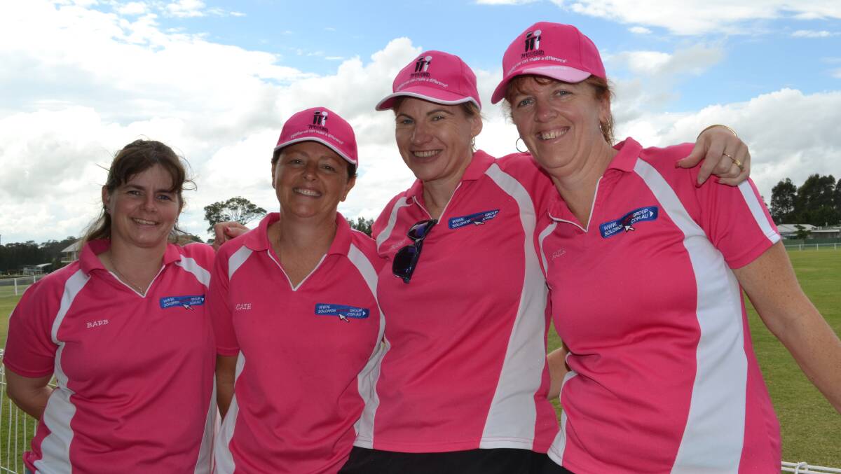 PLAYING IN PINK: Barbara Martin from Nowra, Cath Pearce from North Nowra, Chris ‘cranky’ Wright from Worrigee and Sharen Balazic from Worrigee at the Ex-Servicemen’s Pink Stumps Day on Sunday.