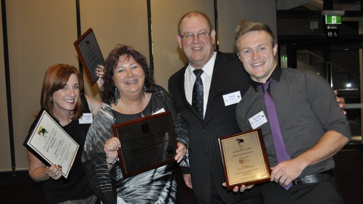 Former Murray Valley Standard colleagues Joanne Fosdike, Digital Journalist SA, Sharon Hansen, Murray Valley Standard, Paul Franke, Victor Harbor, Dylan Hogarth, Murray Valley Standard, show off their collective win at the 2014 Country Press Awards. Photo: Jarrad Delaney.