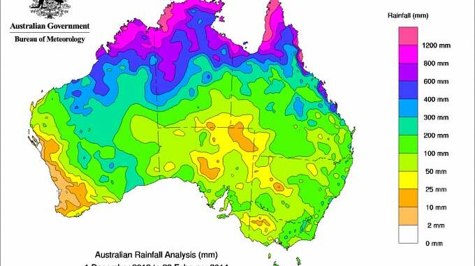 Rainfall recorded across Australia in the three months to February 28, 2014. Picture: Bureau of Meteorology.