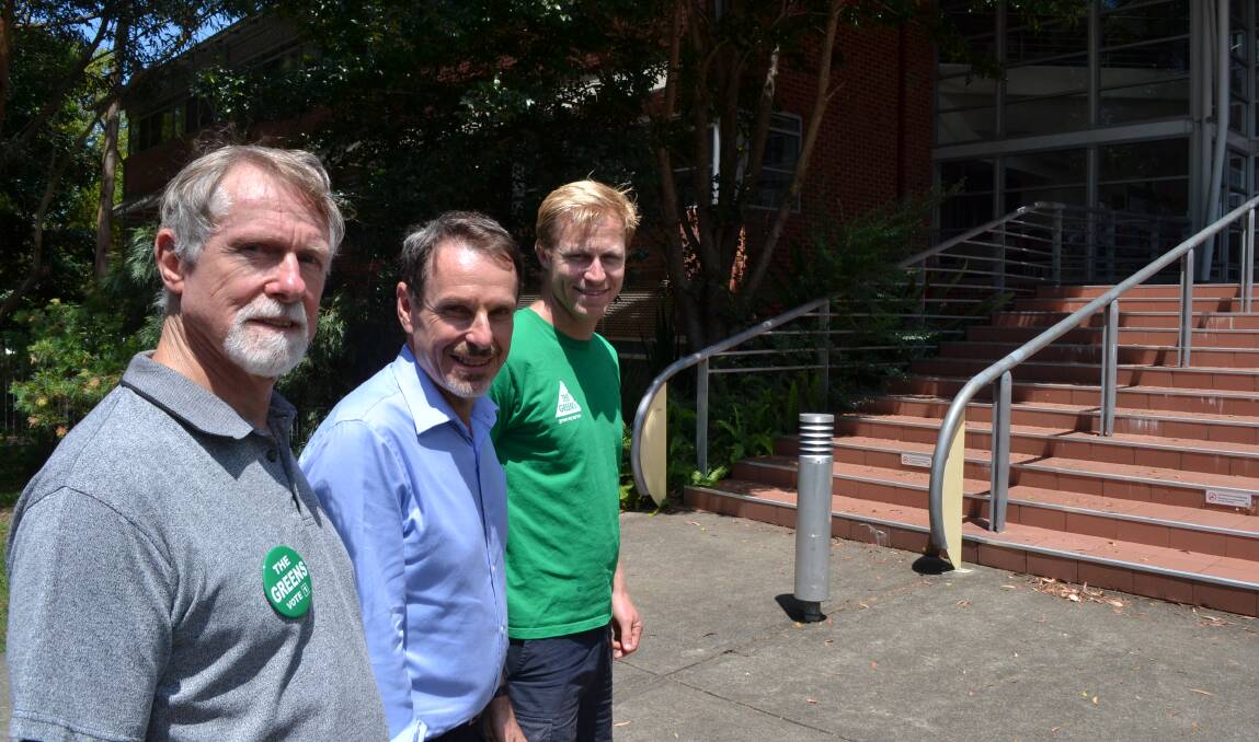 ALARM BELLS: NSW Greens Kiama candidate Terry Barratt, Greens MP John Kaye and Legislative Council candidate Justin Field question both major political parties over their TAFE education policies before the upcoming election.