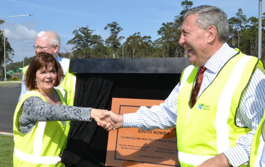 OPEN ROAD: Member for Kiama Gareth Ward and Member for South Coast Shelley Hancock thank Roads Minister Duncan Gay for attending the official opening of the South Nowra Princes Highway Upgrade on Saturday.