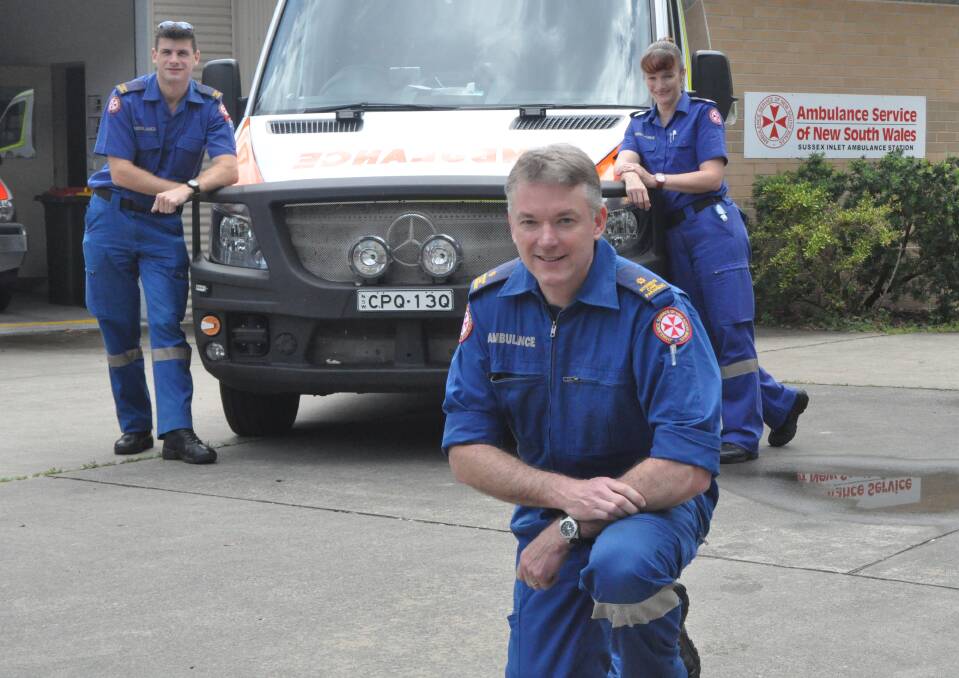 CELEBRATION: Sussex Inlet station officer Ian Donald in front with paramedics Iain Quigg and Lee Brown invite you to celebrate the station’s first decade on November 1.