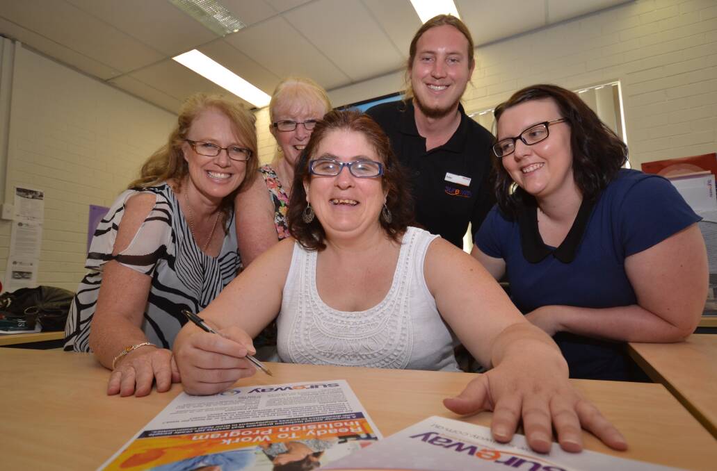 TEAMWORK: Sureway Employment & Training business development leader Juliana Skeels, Cara’s mother Joy Vaughan, Sureway case managers Dylan Boag and Sharon Lee with job seeker Cara Cooper invite local businesses to think beyond the mainstream. 