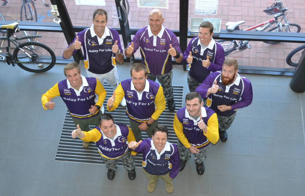 SHIPSHAPE: HMAS Albatross 723 Squadron Taipans are ready for this weekend’s Shoalhaven-Nowra Relay for Life (back from left) Andrew Dowsey, Alan Moore, Robert Oke, Jacob Moyers. Middle: Nick Brown, Mark Green, Jye Alexander. Front: Dana Cunnife and Belinda Althaus.