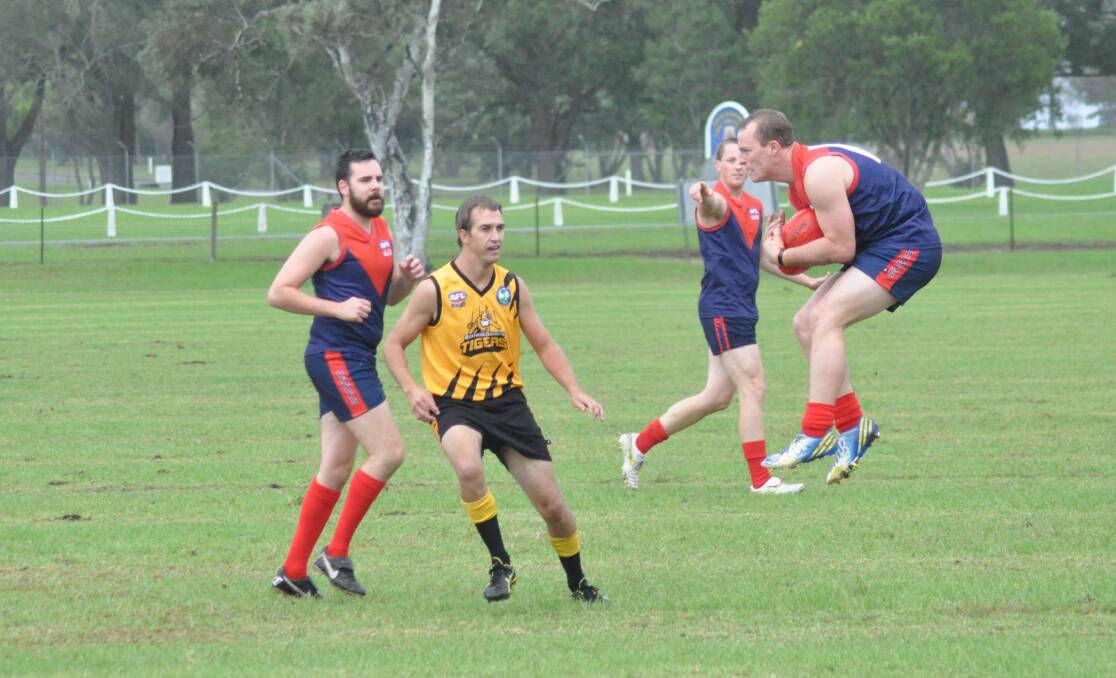 GOES THE EXTRA EFFORT: Albatross Demons player Grant Hoffman jumps to great heights to take a mark.	 Photo: PATRICK FAHY