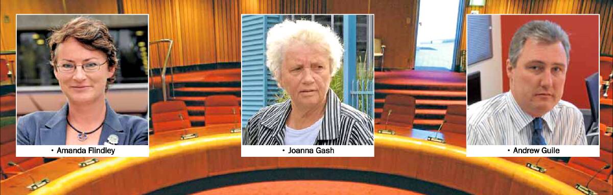 CHAMBER OF HORRORS: Shoalhaven City Council's chamber, where many screaming matches have erupted between the mayor Joanna Gash (centre) and Cr Andrew Guile (right).