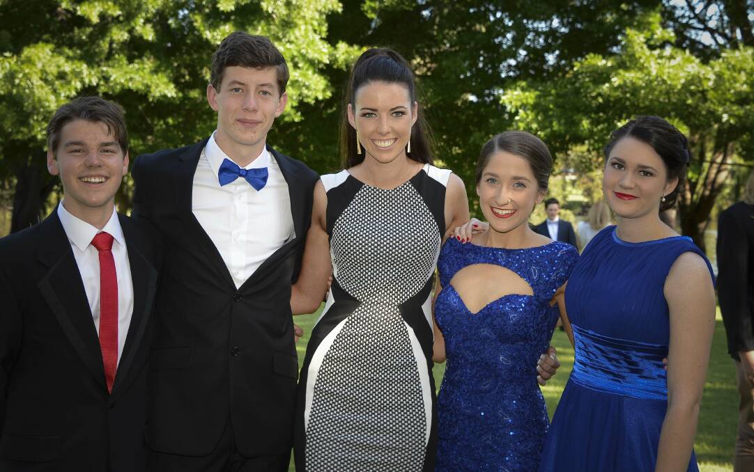 NEWTON’S LORE: Nowra High School students Jack Stanger, James Lees, Keeley Warren, HSC top achiever Jasmyn Newton and Laura Wasley celebrate their graduation at their recent school formal.