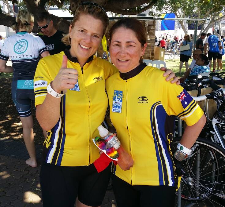 PEDAL POWER: The Rolling Drones Peta Sutton and Melinda Wren celebrate taking part in the Ride to Conquer Cancer.