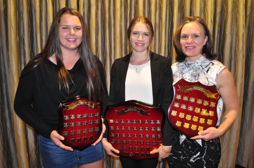 THREE CHAMPIONS: Sam Peace (junior), Kyah Gray (open) and Katrina Ward (masters) with their Shoalhaven Sportstar awards.