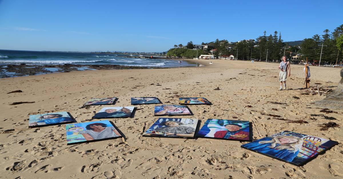 Donald Keys and his work on Austinmer Beach. Picture: Greg Ellis.