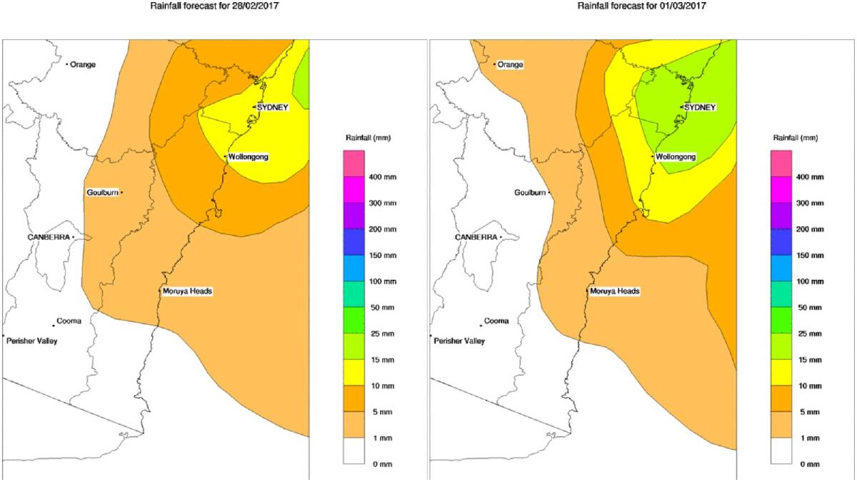 The Bureau of Meteorology's rainfall forecast map for the Illawarra and South Coast for Tuesday and Wednesday.