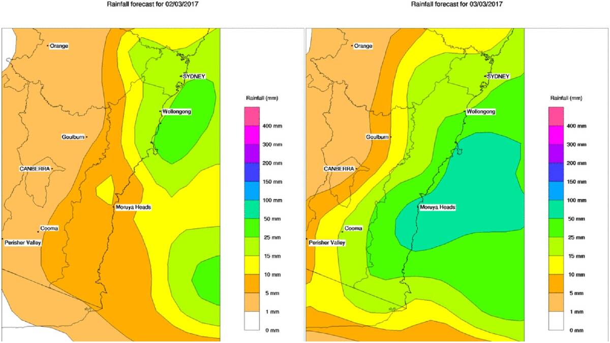 The Bureau of Meteorology's rainfall forecast map for the Illawarra and South Coast for Thursday and Friday.