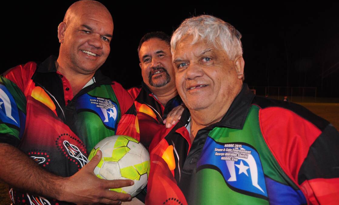 George Aldridge (right) is looking forward to the upcoming  Naidoc seven-a-side football tournament and his son Scott (left) and friend Neville Hampton can't wait.