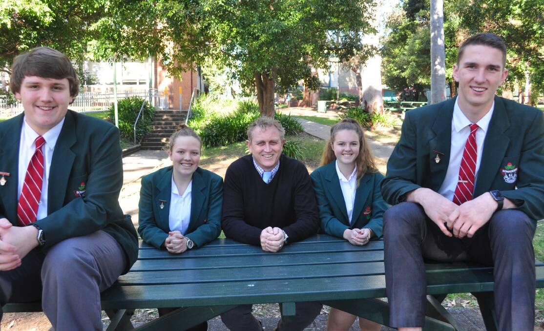 WORKING AS ONE: Bomaderry High School leaders  Max Bolden, Claire Honeywood,  Daisy Oke-Turner and Trent Hilaire have a good realationship with new principal Ian Morris.