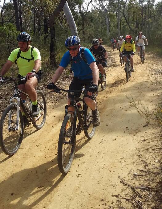 Riders hit the trail:  SBUG's Martin Bramston, Denis, Max Long, Ron Lukin and others on last Thursday's mountain bike ride.