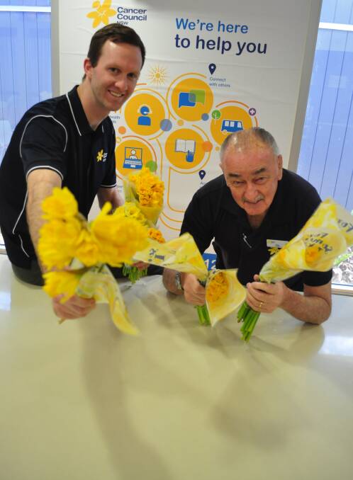 LOTS OF YELLOW: Cancer Council NSW Accommodation and Support Services Coordinator Jarrod Flynn and volunteer Reg McAnalley are set for Daffodil Day.