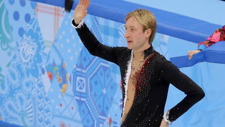 In pain ... Russian Evgeni Plushenko leaves the ice after pulling out of the men's short program figure skating competition. Photo: AP Photo
