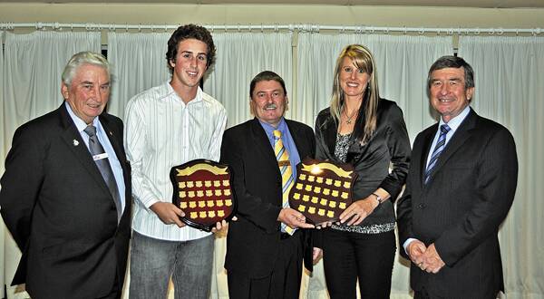 CONGRATS: Shoalhaven Junior Sportstar of the Year winner Jordan Matthews and Masters award winner Karen Higgison are  pictured being congratulated by (from left) vice-president of the Shoalhaven Ex-Servicemen’s Club Eddie Stoddart, chairman of the Bomaderry Bowling Club Peter Ingram and chairman of the Bernie Regan Memorial Sporting Trust Paul Goddard.
