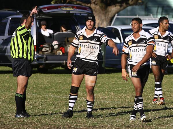 OFF: Referee Nick McInerney sends star Berry –Shoalhaven Heads Magpies’ centre Buddy Braddick (far right) from the field during Saturday’s loss to Gerringong.  Photo: KIAMAPICTURE.COM.AU