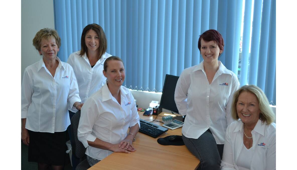 Austbroker City State Nowra staff are ready for business. See Cathy Bruce, Jackie Lyons, Belinda Sigsworth, Kyla Parry and manager Kate Egan for all your insurance needs.