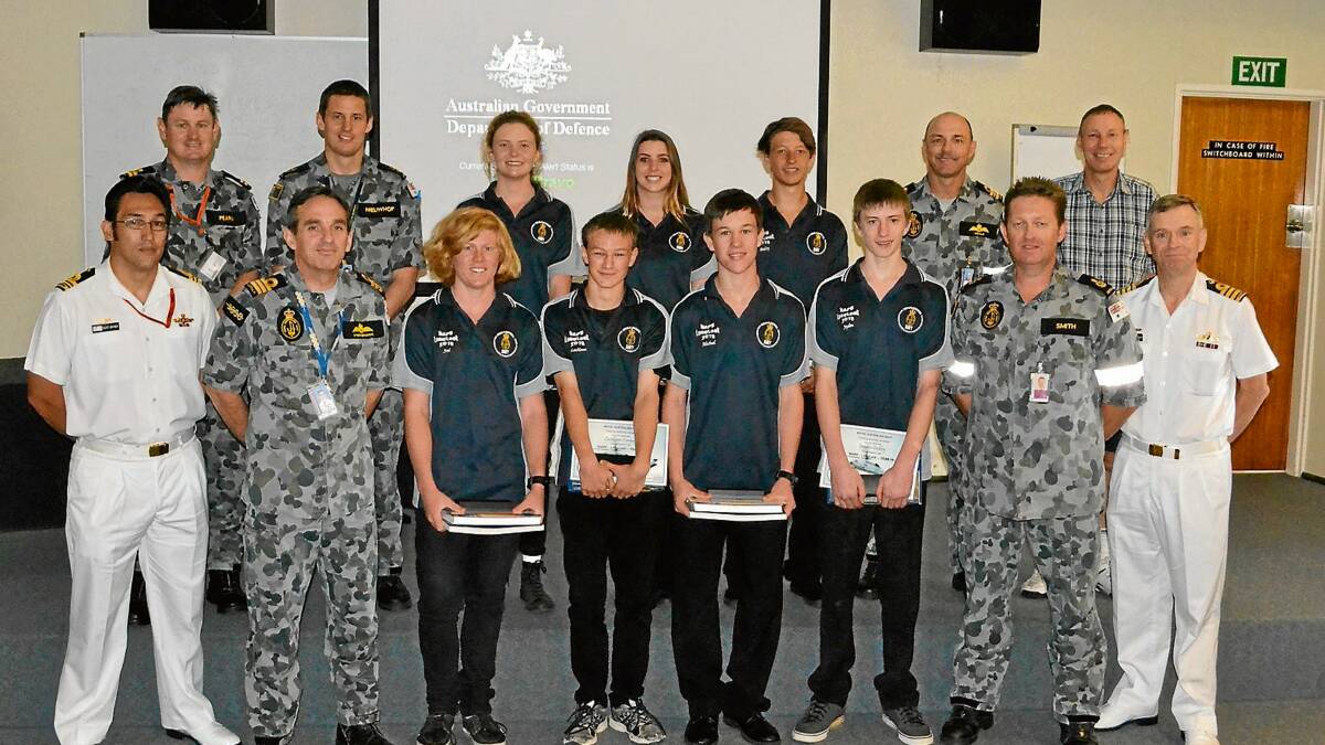 GRADUATES: Local high school students who completed the NAPS course with some of their instructors along with the commanding officer of 808 Squadron Commander Charlie Stephenson (second from left, front row) and commanding officer of HMAS Albatross Captain Gordon Andrew (far right, front row). Back, from left: Lieutenant Andrew Pearn, Leading Seaman Brendon Nievwhol, Victoria Pattie, Matilda Baard, Bailey Hooker, Lieutenant Commander Bill Veale, Ray Blair. Front row: Lieutenant Scott Rayner, Joel Longworthy, Lachlann Conway, Michael Eccles, Jayden Cockley and course supervisor Chief Petty Officer Glenn Smith.