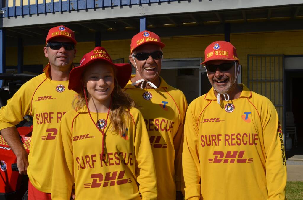 LIFE SAVERS:Trent de Wit, Ron Denovan, Stuart Mintram from Culburra Surf Life Saving and Amy Abbey from Canberra Surf Life Saving keeping an eye on the water at Sand Art 2014 held on Culburra Beach on Saturday.