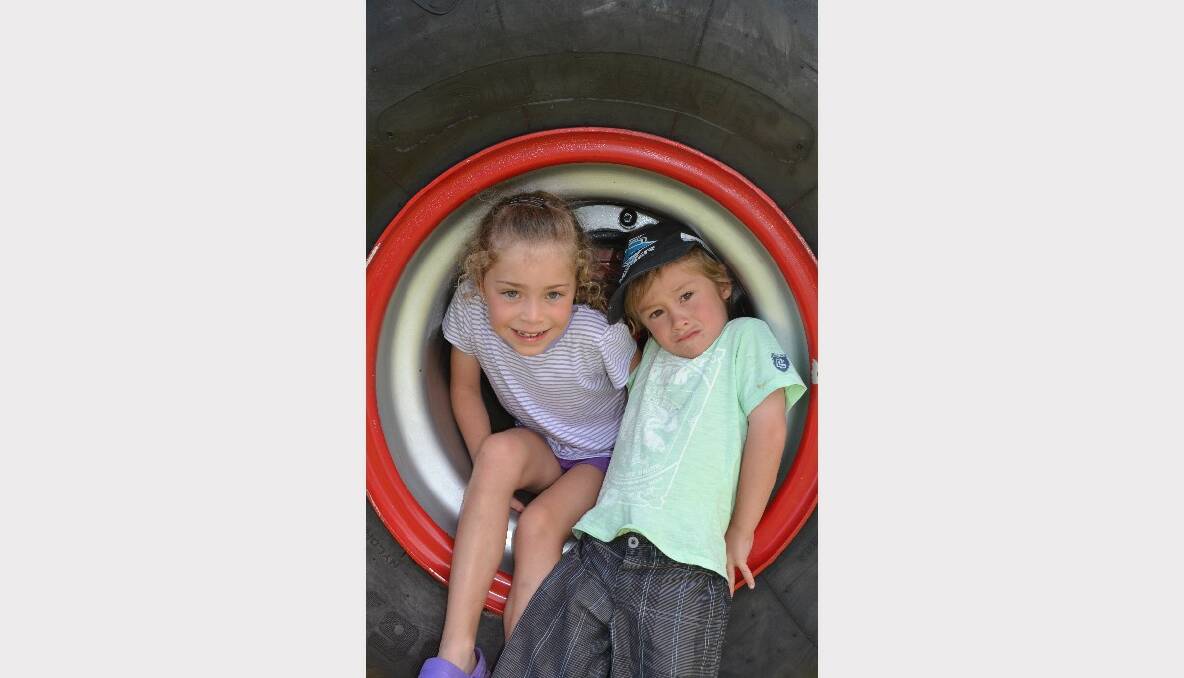 FUN NIGHT: Keila and Kaelan Muslic from Gymea Bay in the wheel of one of the giant trucks on display at the Monster Trucks Family Spectacular on Saturday.