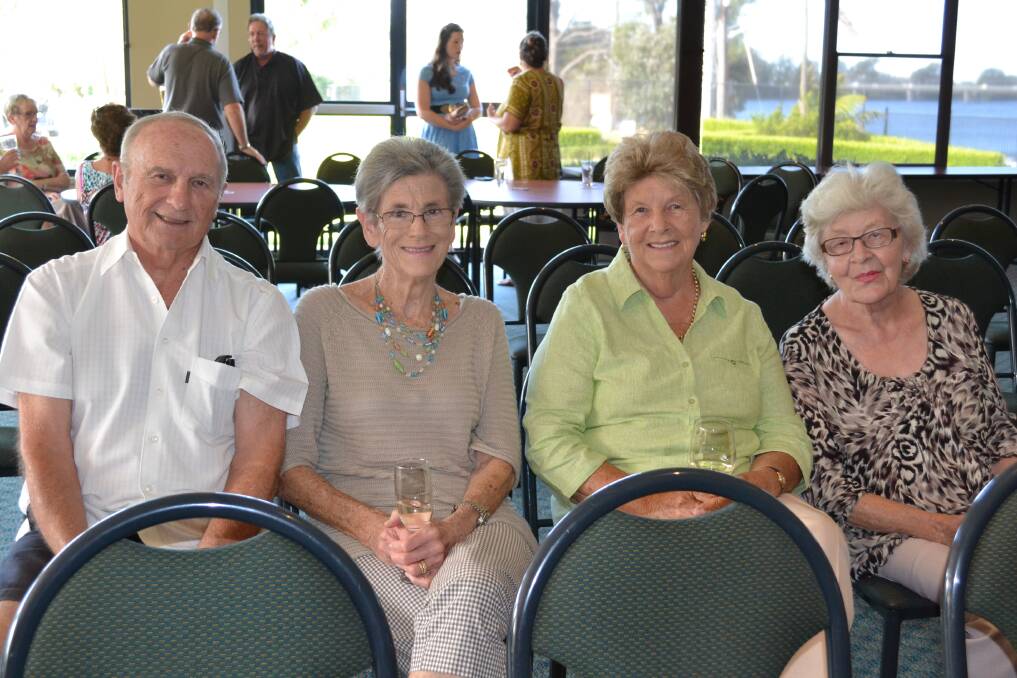 LAUNCH PARTY: Brian and Lyn Hawkins from Nowra with Chris Turner from Nowra and Iris Rhodes from Nowra enjoy a giggle before the singing begins at the Trilogy CD launch on Sunday.