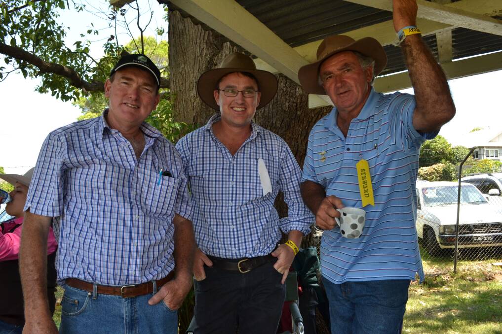 STEWARDS: Col Walsh from Jaspers Brush, Phil Duncan from Cambewarra and Peter Harris from Jaspers Brush are ringside watching the beef cattle exhibits at the Berry Show on Saturday.