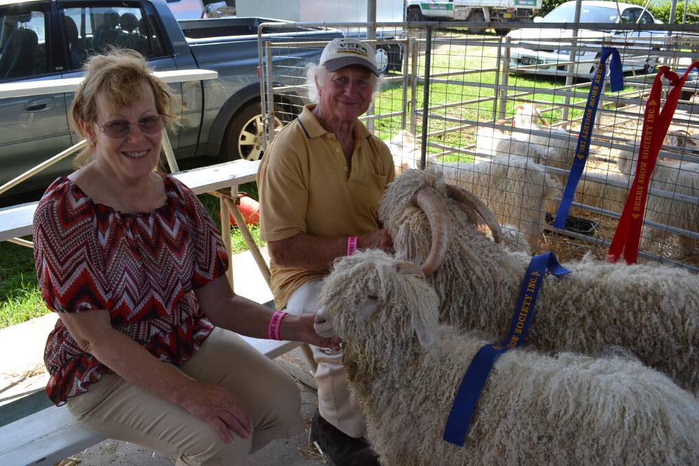 WINNING TEAM: Ann Smith holding ‘Mundroola Silene’ and Steve Smith holding ‘Mundroola Nathan’ from Meroo Meadow who won Sires Produce over 12 months class at the Berry Show on Saturday.