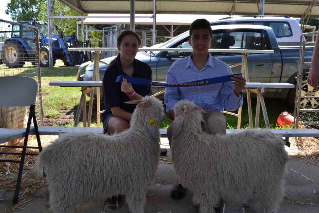 JUNIOR WINNERS: Jennifer Bryant and Lachlan Black from George’s River Grammar with their winning goats, who took out the Sires Progeny under 12 months class at the Berry Show on Saturday.