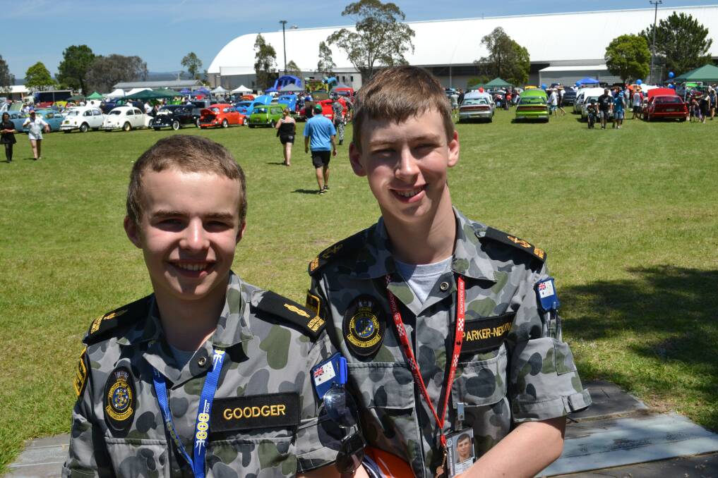 WELCOMING GUARD: Cadets James Goodger from Canberra and Alex Parker-Newlyn from Nowra greet visitors to HMAS Albatross to raise money for research into juvenile diabetes and the Australian Leukodystrophy Support Group on Sunday. 