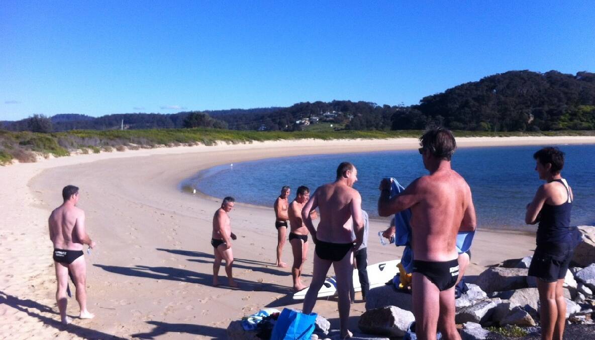  NAROOMA: The Narooma Numnutz winter swimmers on Sunday drift from Apex Park boat ramp back to bar beach for their annual swim, taking it easy after three consecutive bar crossings over the past three weeks.