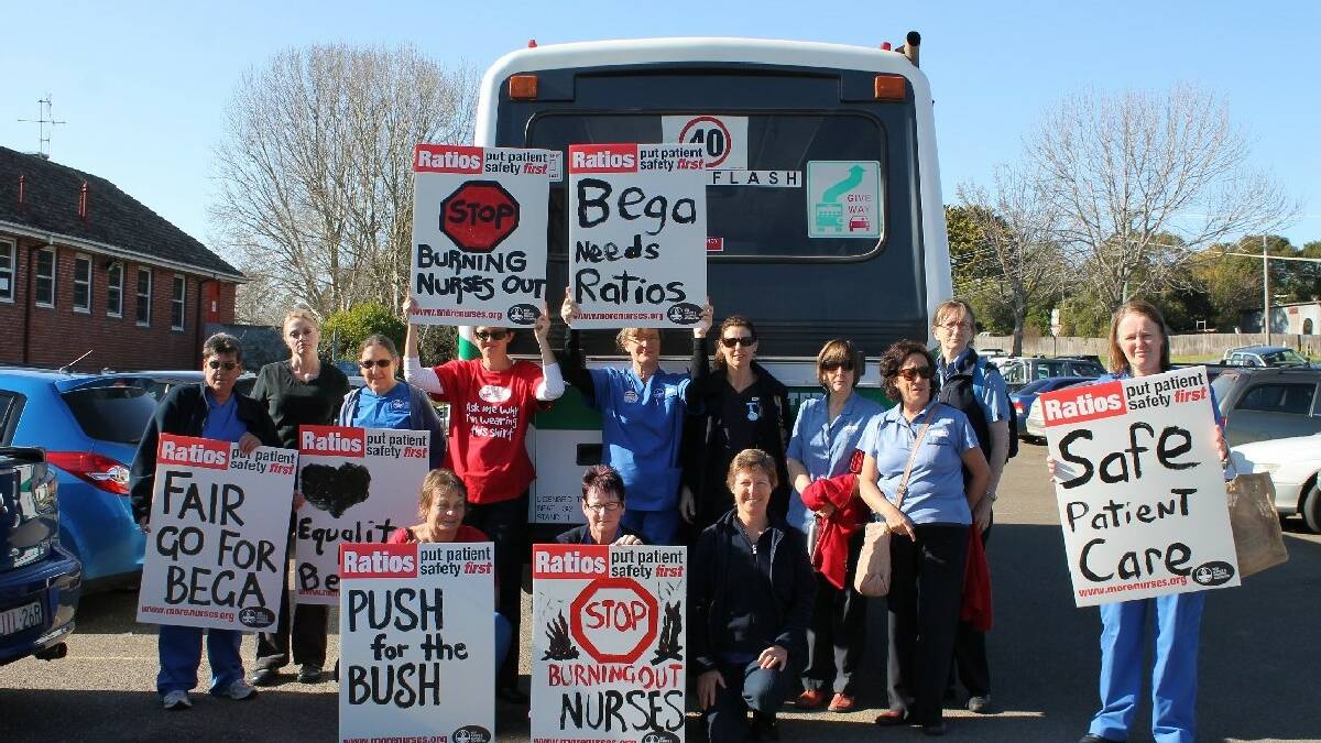 BEGA: Bega members of the NSW Nurses and Midwives Association continue their staff-to-patient ratios campaign by striking on Wednesday and boarding a bus to Merimbula for a live broadcast of the main Sydney rally.