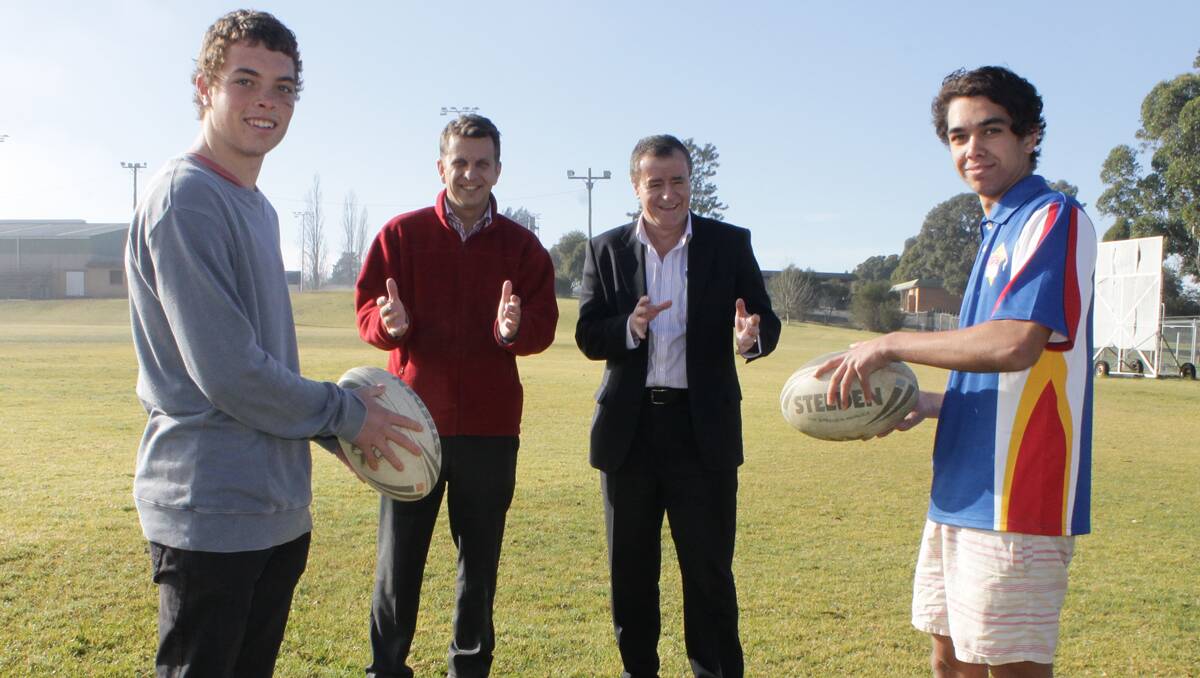  BEGA: Young Indigenous footballers James Bower-Scott and Marty Scott enlist the support of Member for Bega Andrew Constance and NSW Minister for Sport and Recreation   Graham Annesley as they prepare to tour Europe with the under 16s Aboriginal Achievers squad.