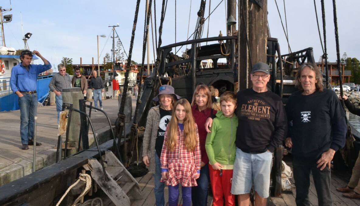 BERMAGUI: Stewart and Bev Long of Central Tilba took their grandkids Max and Sunday along last week to visit the Notorious the ship and its crew and builders Graeme and   Felicite Wylie at the Bermagui harbour.