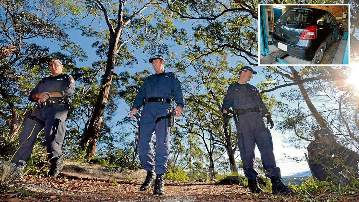 FLASHBACK: Police from Nowra and Lake Illawarra conduct a line search at Nowra Showground, looking for anything that might explain the death of a woman whose body was discovered at the base of a nearby cliff in June. INSET: The movements of this Toyota Yaris might hold vital clues.